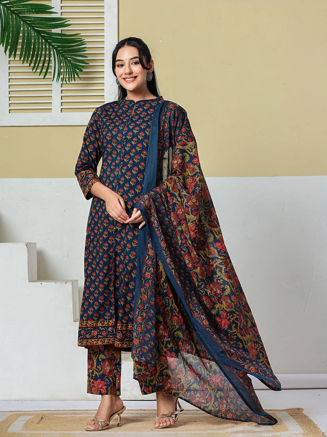Floral A-Line Sequins Work Kurta And Trouser With Dupatta Set