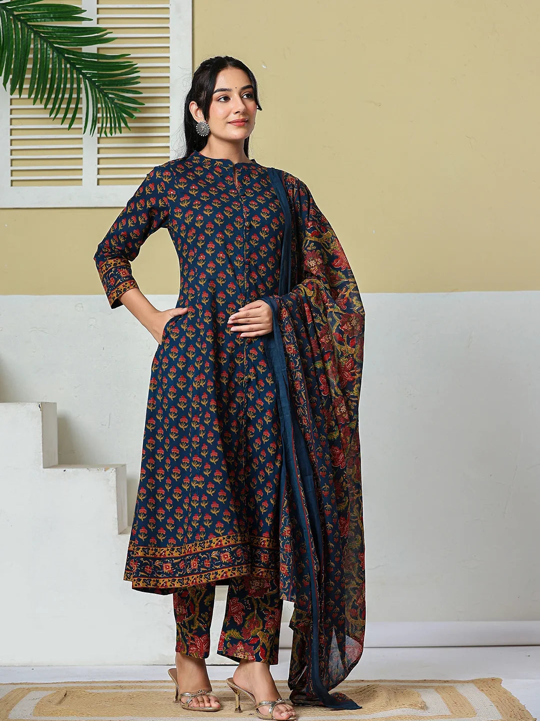 Floral A-Line Sequins Work Kurta And Trouser With Dupatta Set