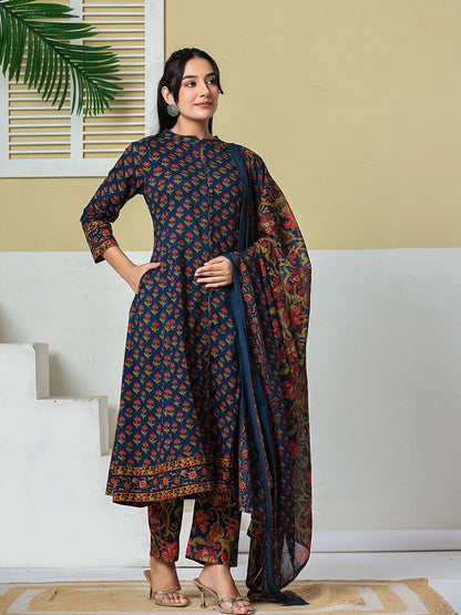 Floral A-Line Sequins Work Kurta And Trouser With Dupatta Set