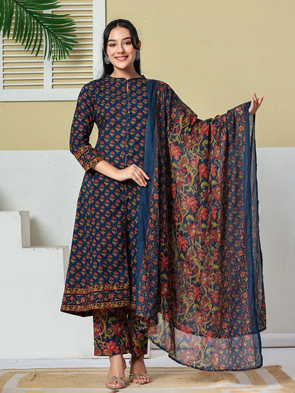Floral A-Line Sequins Work Kurta And Trouser With Dupatta Set