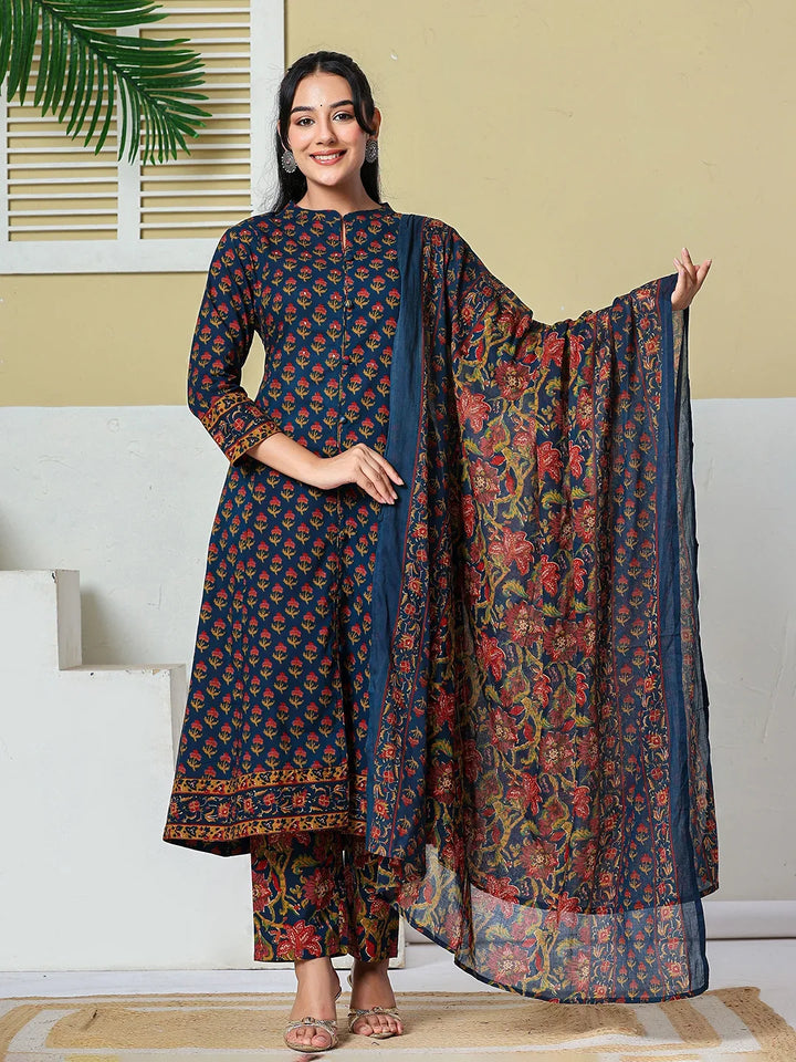 Floral A-Line Sequins Work Kurta And Trouser With Dupatta Set