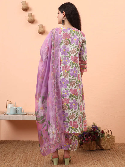 White And Purple Floral Sequins Work Aline Kurta Trouser Dupatta Set