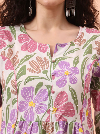 White And Purple Floral Sequins Work Aline Kurta Trouser Dupatta Set