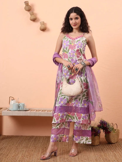White And Purple Floral Print Lace Work Straight Kurta Trouser Dupatta Set