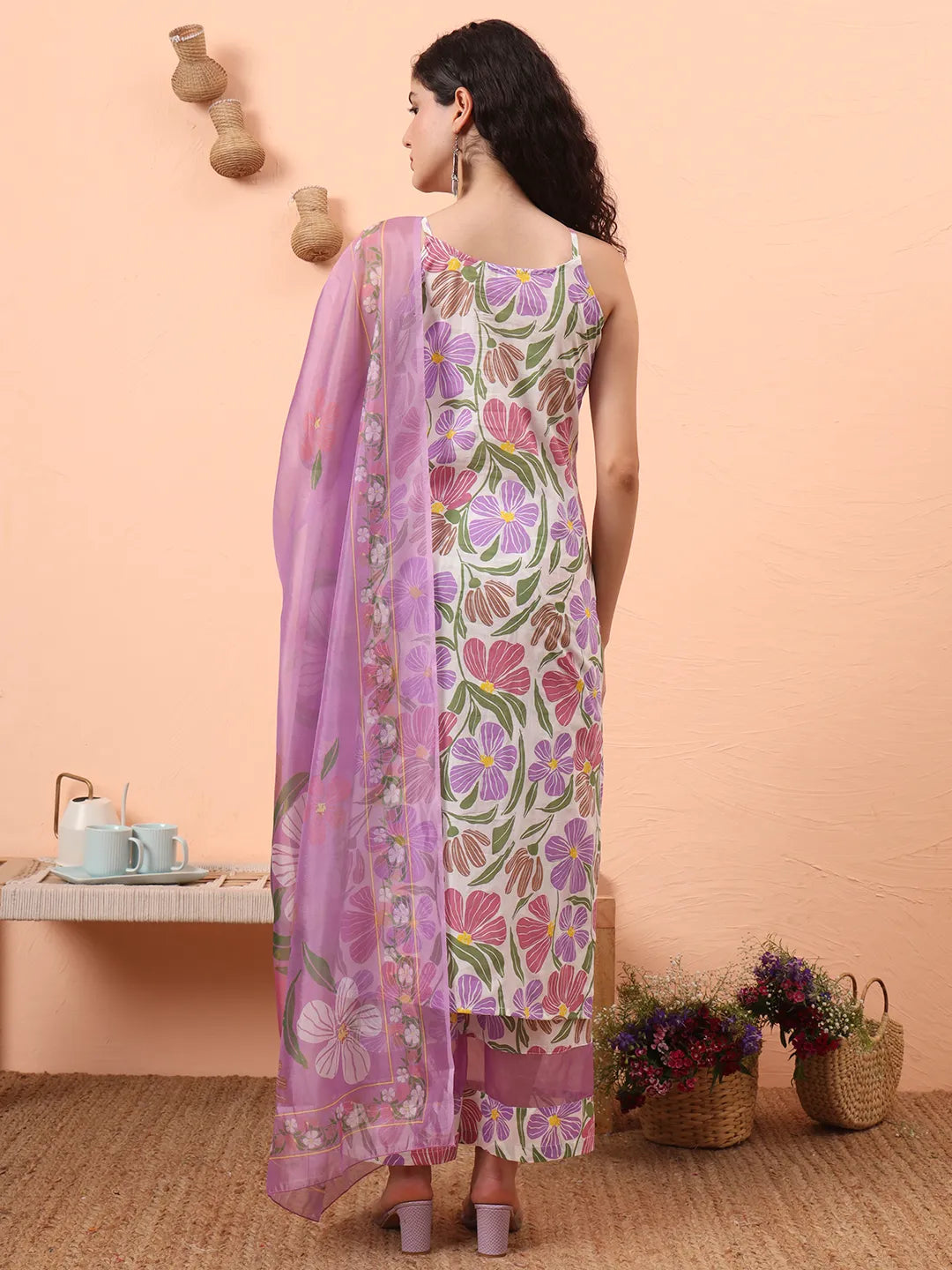 White And Purple Floral Print Lace Work Straight Kurta Trouser Dupatta Set