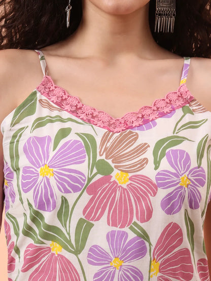 White And Purple Floral Print Lace Work Straight Kurta Trouser Dupatta Set