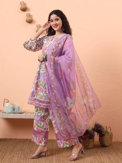 White And Purple Floral Print Lace Work A-Line Kurta Trouser Dupatta Set