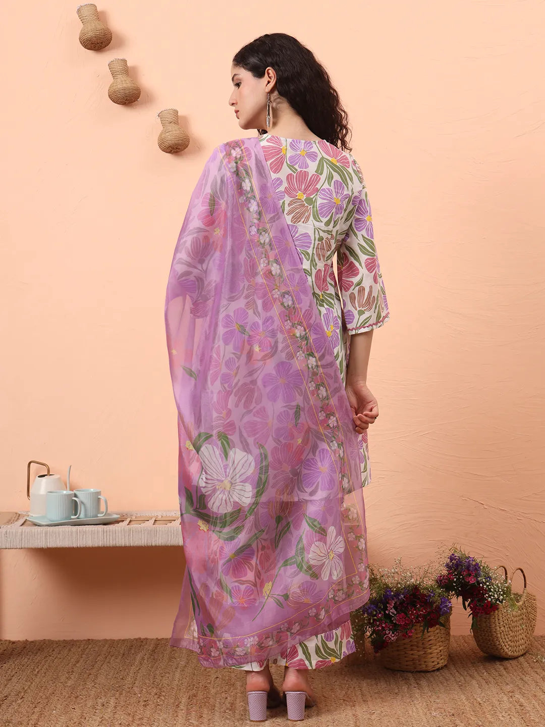 White And Purple Floral Print Lace Work A-Line Kurta Trouser Dupatta Set