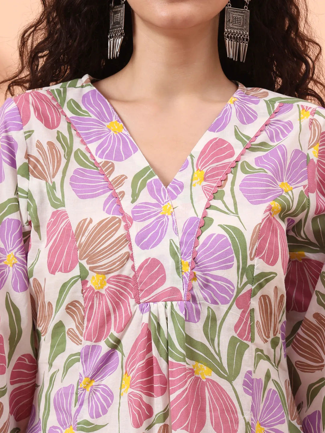 White And Purple Floral Print Lace Work A-Line Kurta Trouser Dupatta Set