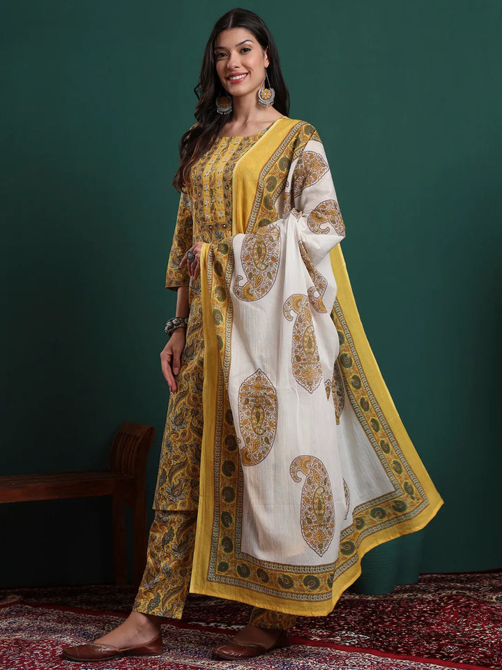 Mustard Cotton Ethnic Motifs Beads And Stones Kurta Pants Dupatta Set