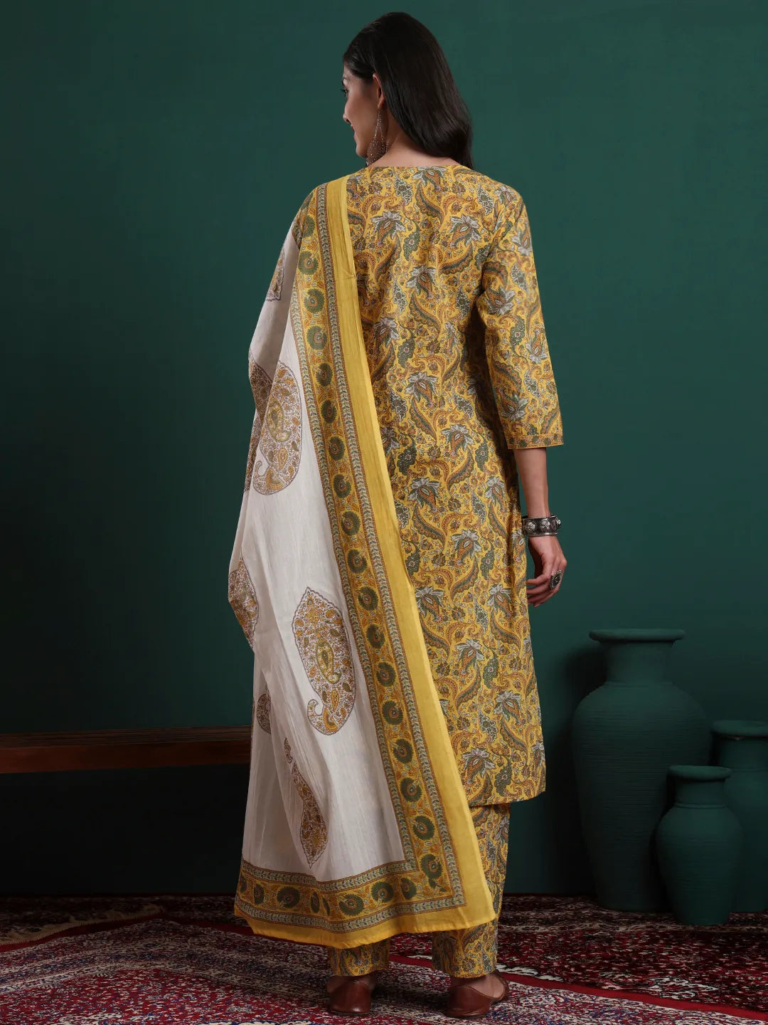 Mustard Cotton Ethnic Motifs Beads And Stones Kurta Pants Dupatta Set