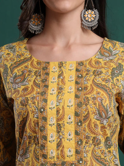 Mustard Cotton Ethnic Motifs Beads And Stones Kurta Pants Dupatta Set