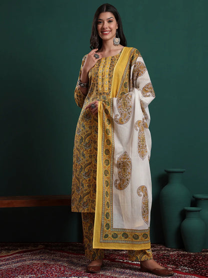 Mustard Cotton Ethnic Motifs Beads And Stones Kurta Pants Dupatta Set