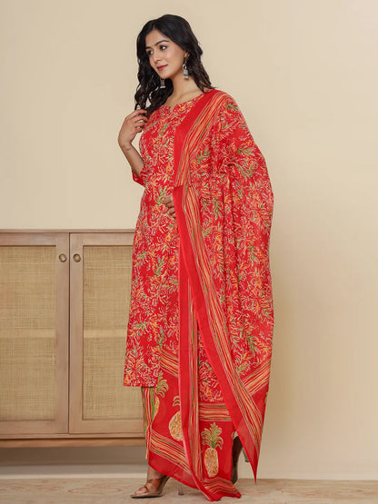 Red Pure Cotton Kurta Dupatta Pant Set