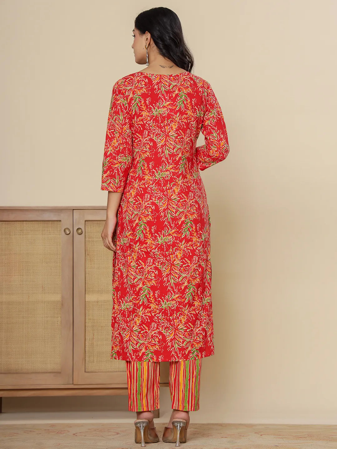 Red Pure Cotton Kurta Dupatta Pant Set