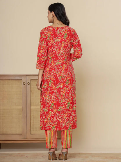 Red Pure Cotton Kurta Dupatta Pant Set
