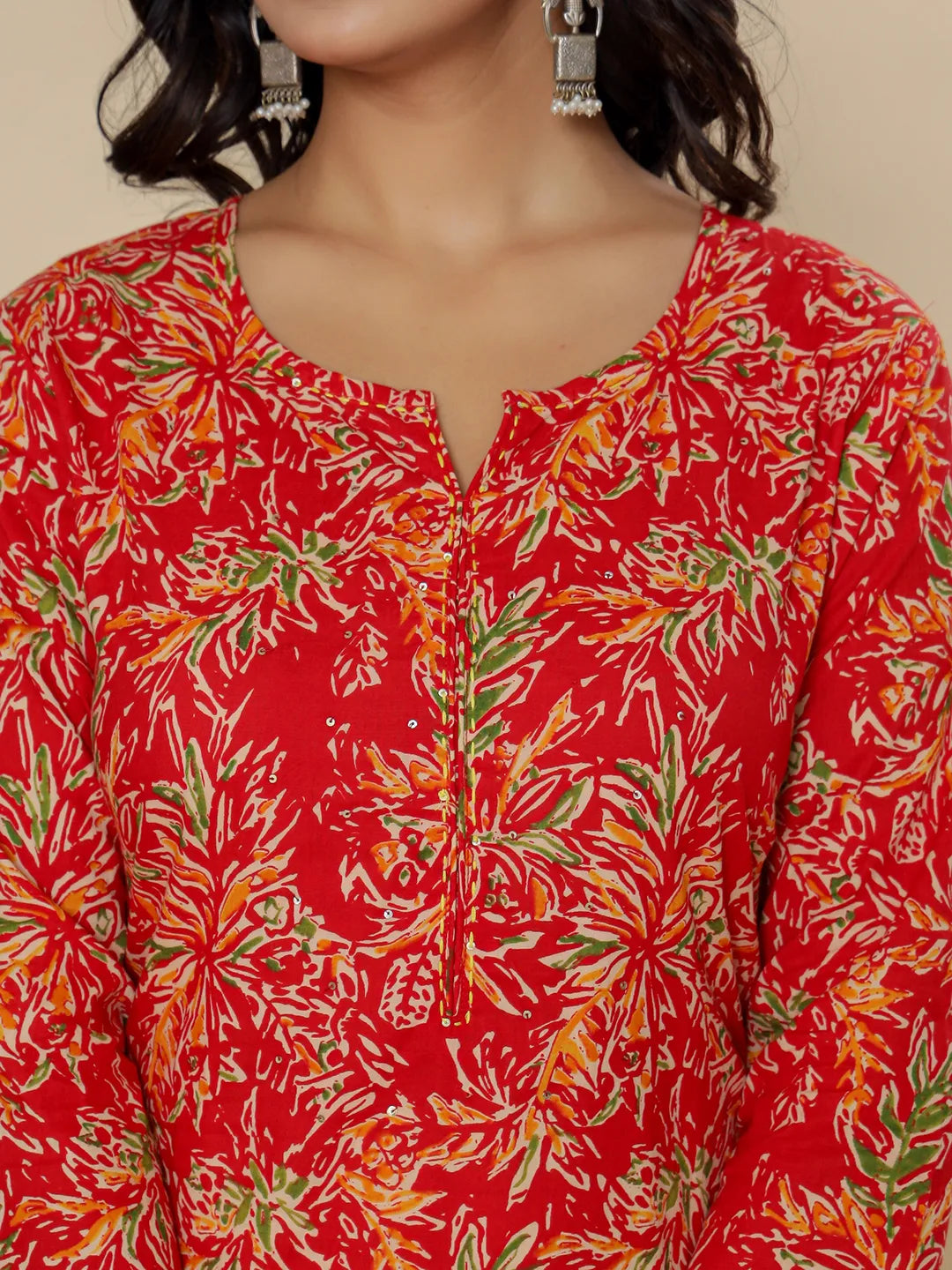 Red Pure Cotton Kurta Dupatta Pant Set