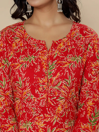 Red Pure Cotton Kurta Dupatta Pant Set