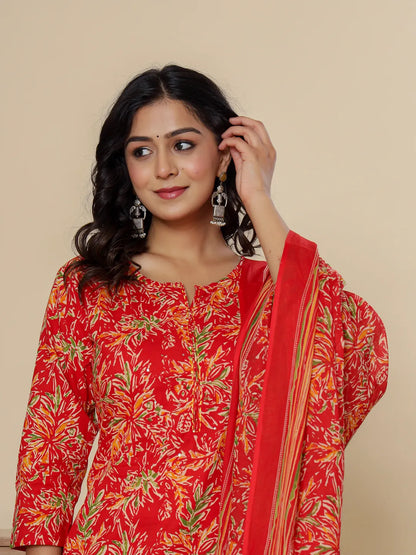 Red Pure Cotton Kurta Dupatta Pant Set