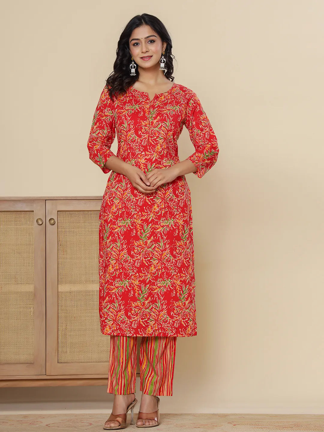 Red Pure Cotton Kurta Dupatta Pant Set