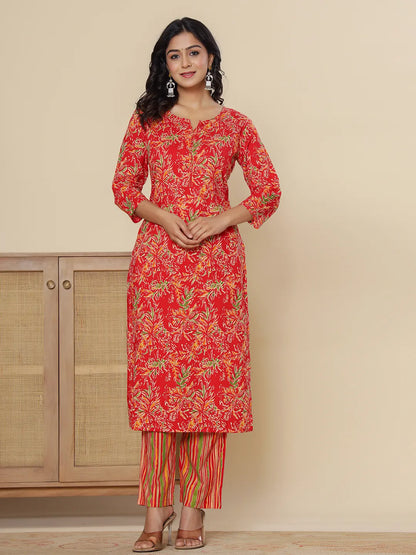 Red Pure Cotton Kurta Dupatta Pant Set