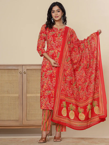 Red Pure Cotton Kurta Dupatta Pant Set