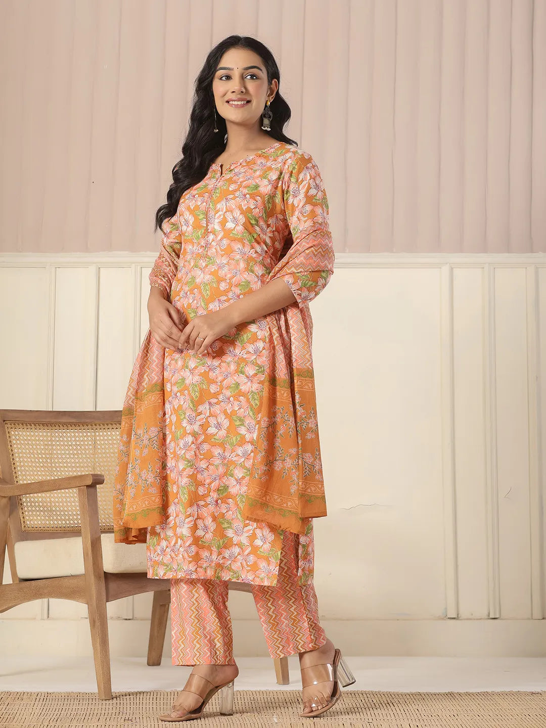 Mustard Pure Cotton Kurta Dupatta Pant Set
