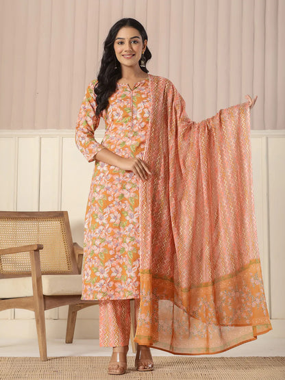 Mustard Pure Cotton Kurta Dupatta Pant Set