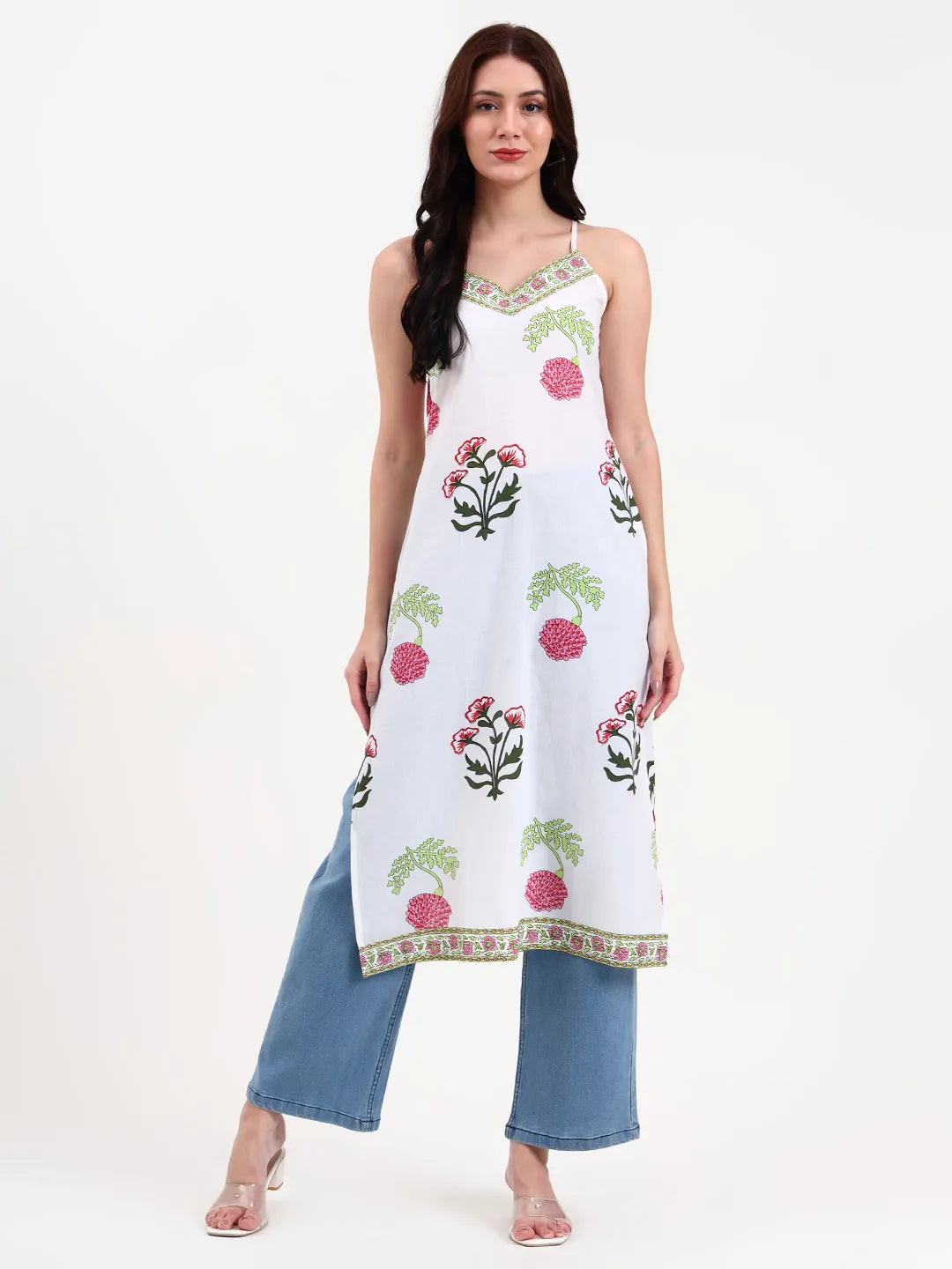 Women's White Cotton White Floral Block Print Cotton Straight Kurta by Yufta, suitable for wholesale buyers, boutiques, retailers, resellers and bulk fashion orders from Trendphoria