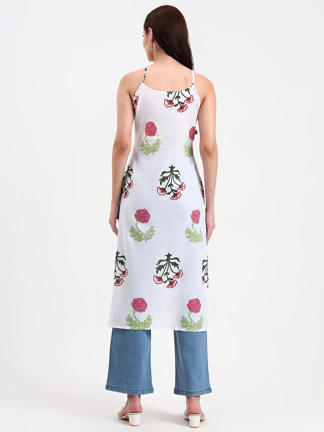 White Floral Block Print Cotton Straight Kurta