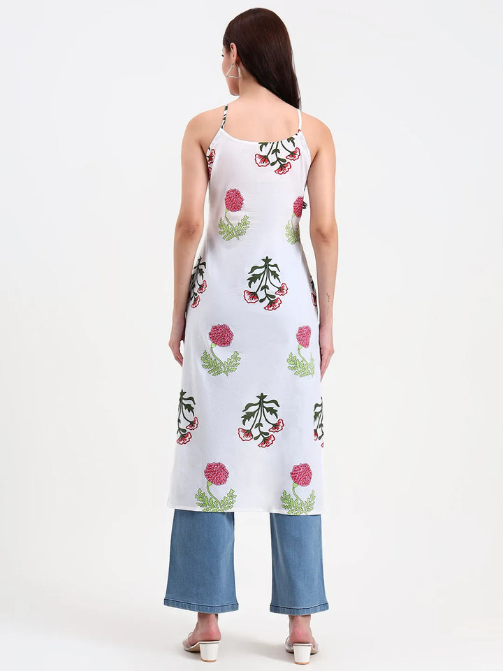 White Floral Block Print Cotton Straight Kurta