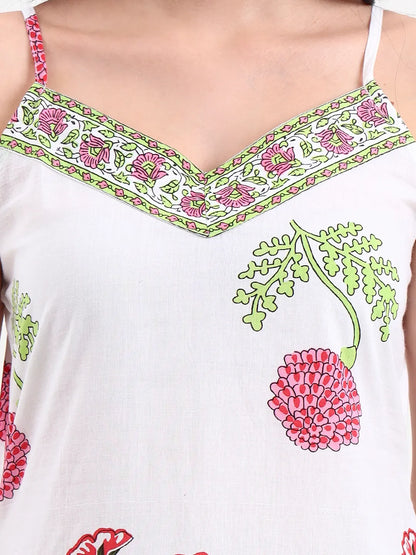 White Floral Block Print Cotton Straight Kurta