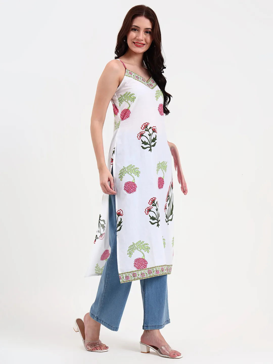 White Floral Block Print Cotton Straight Kurta