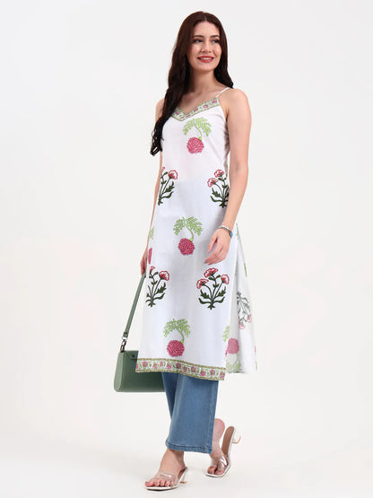 White Floral Block Print Cotton Straight Kurta
