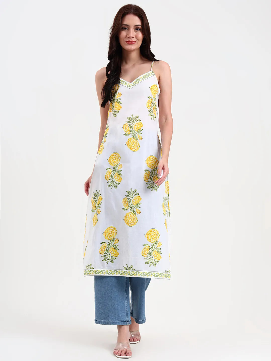 Women's White Cotton White Floral Print Cotton Straight Kurta by Yufta, suitable for wholesale buyers, boutiques, retailers, resellers and bulk fashion orders from Trendphoria