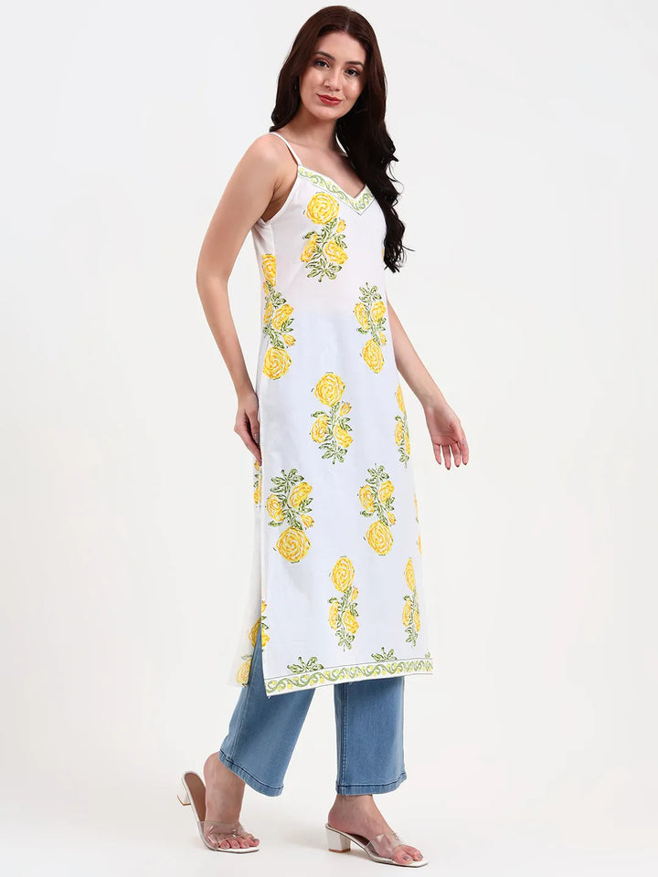 White Floral Print Cotton Straight Kurta