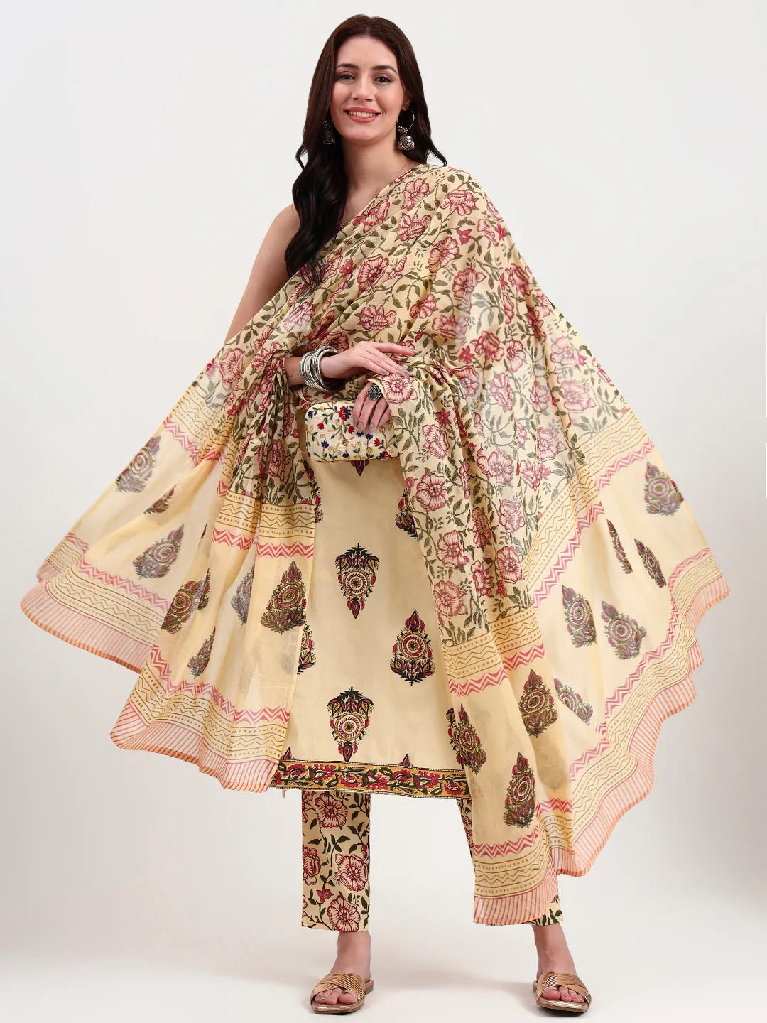 Women's Beige Cotton Beige Pure Cotton Sequins Work Straight Kurta Trouser Dupatta Set by Yufta, suitable for wholesale buyers, boutiques, retailers, resellers and bulk fashion orders from Trendphoria