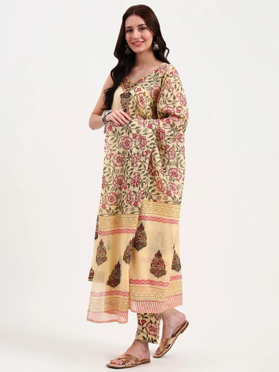Beige Pure Cotton Sequins Work Straight Kurta Trouser Dupatta Set