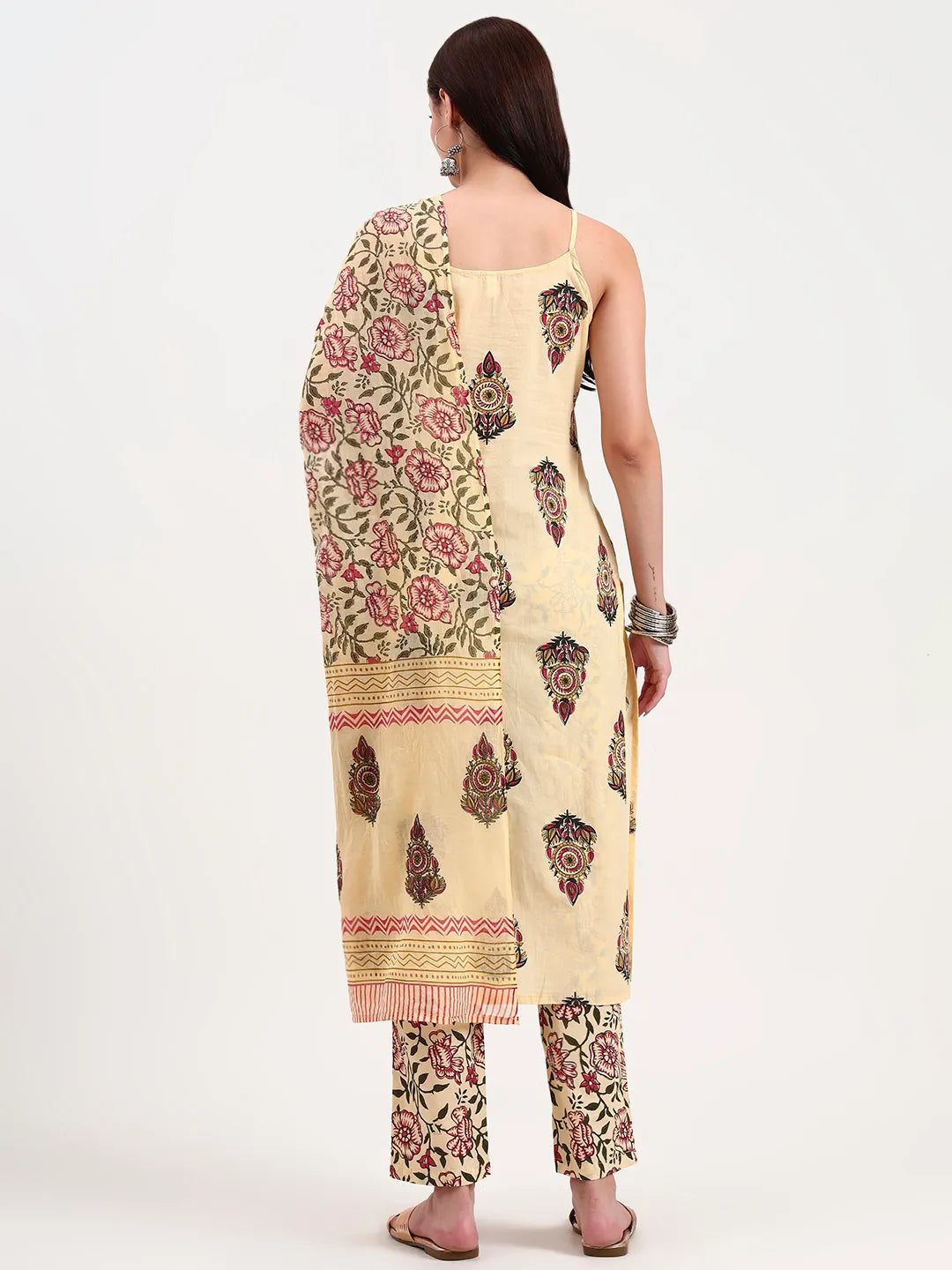 Beige Pure Cotton Sequins Work Straight Kurta Trouser Dupatta Set