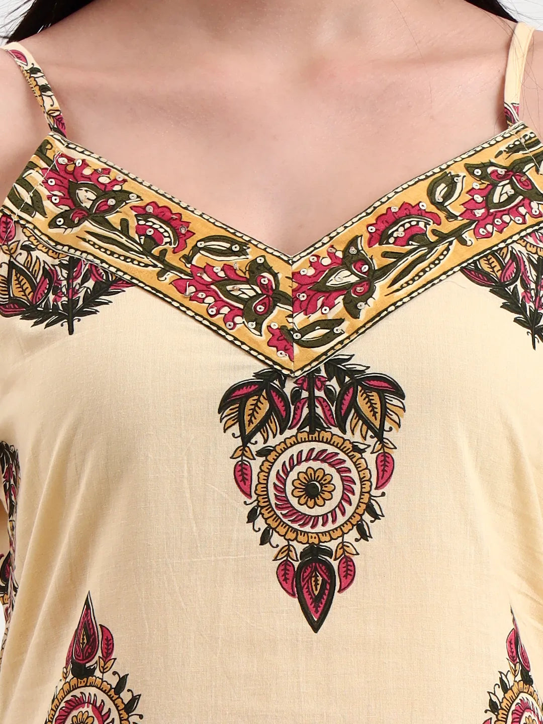 Beige Pure Cotton Sequins Work Straight Kurta Trouser Dupatta Set