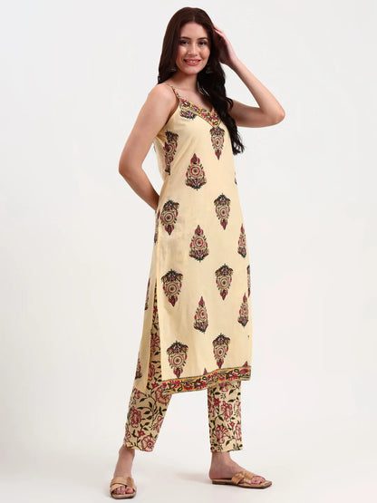 Beige Pure Cotton Sequins Work Straight Kurta Trouser Dupatta Set