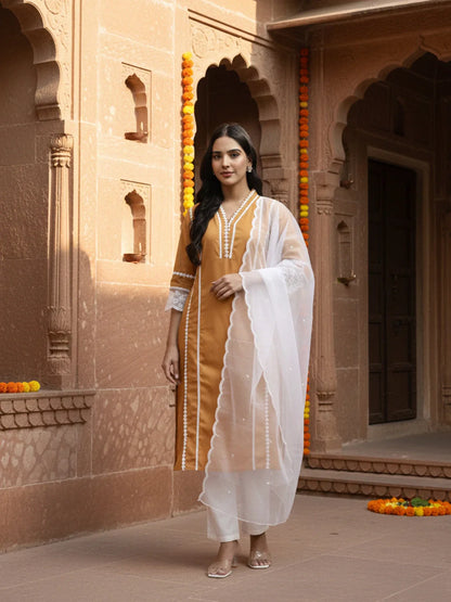 Premium Cotton Poplin Bronze Kurta Dupatta Pant Set