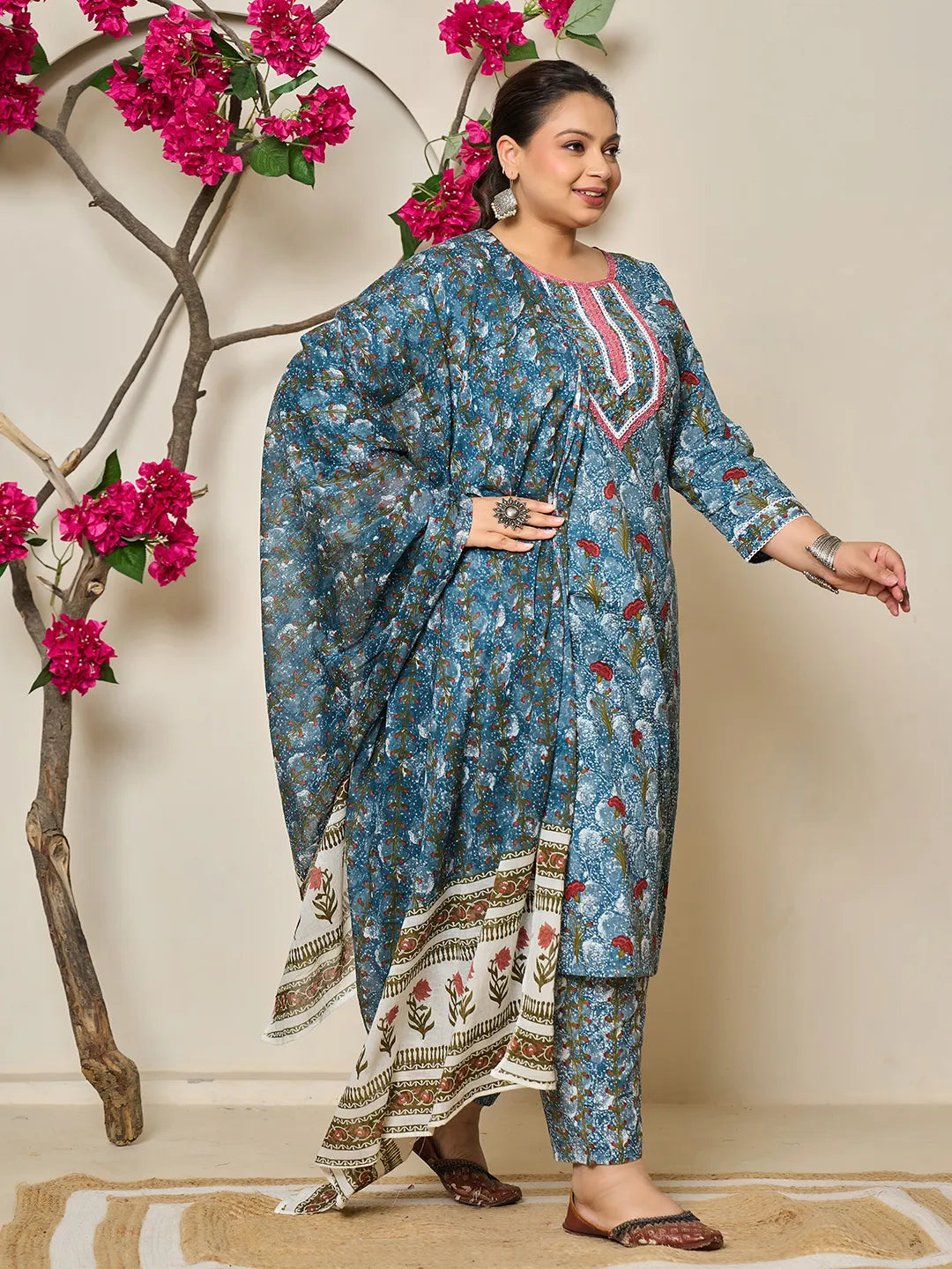 Grey Cotton Straight Plus Size Kurta Dupatta Pant Set