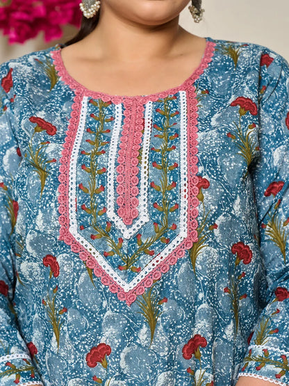 Grey Cotton Straight Plus Size Kurta Dupatta Pant Set