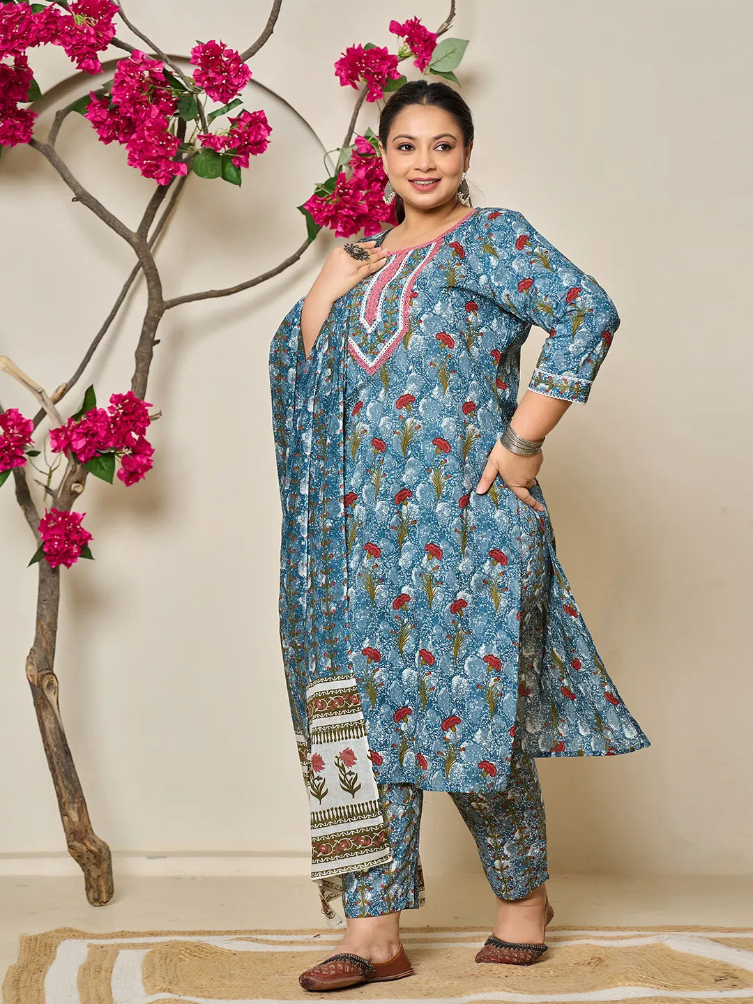 Grey Cotton Straight Plus Size Kurta Dupatta Pant Set