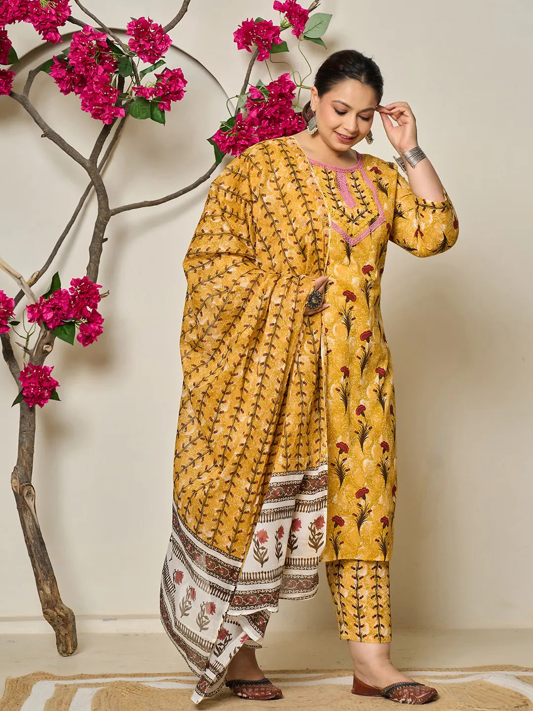 Mustard Cotton Lace Work On Yoke Straight Plus Size Kurta Dupatta Pant Set