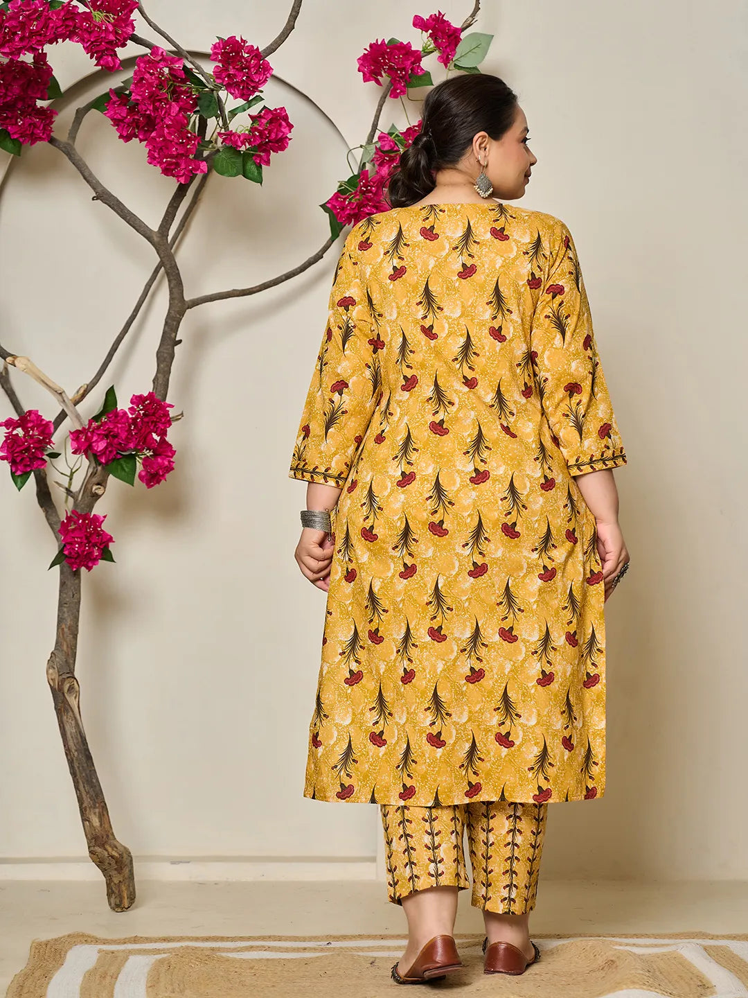 Mustard Cotton Lace Work On Yoke Straight Plus Size Kurta Dupatta Pant Set