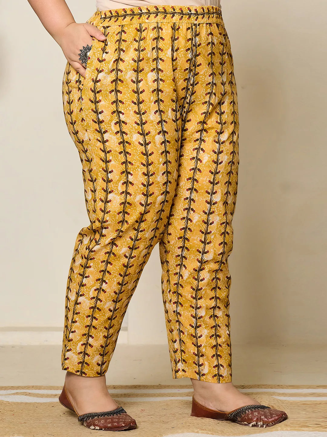 Mustard Cotton Lace Work On Yoke Straight Plus Size Kurta Dupatta Pant Set