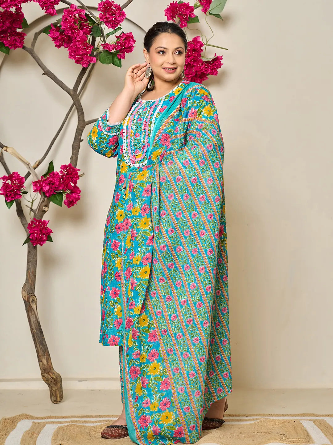 Turquoise Blue Cotton Floral Print Lace Work Plus Size Kurta Pants Dupatta Set