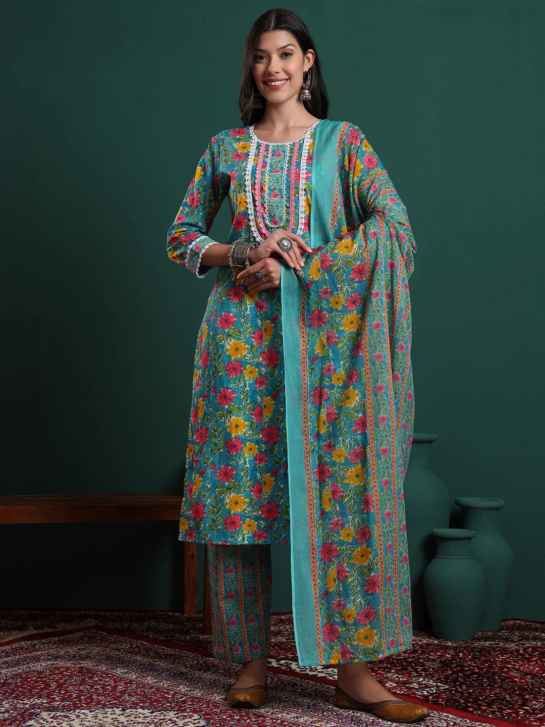 Turquoise Blue Cotton Floral Print Lace Work Kurta Pants Dupatta Set